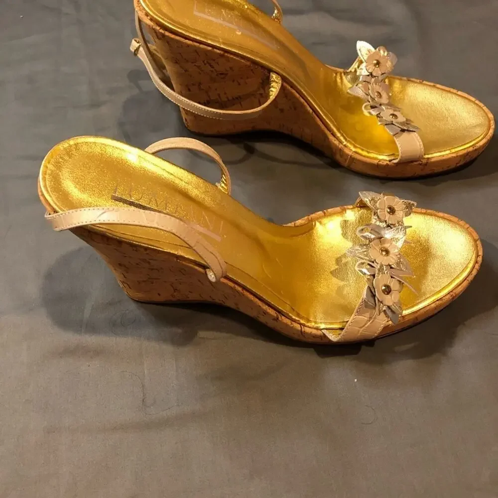 Lumiani Strappy Leather Cork Wedge Platform 40